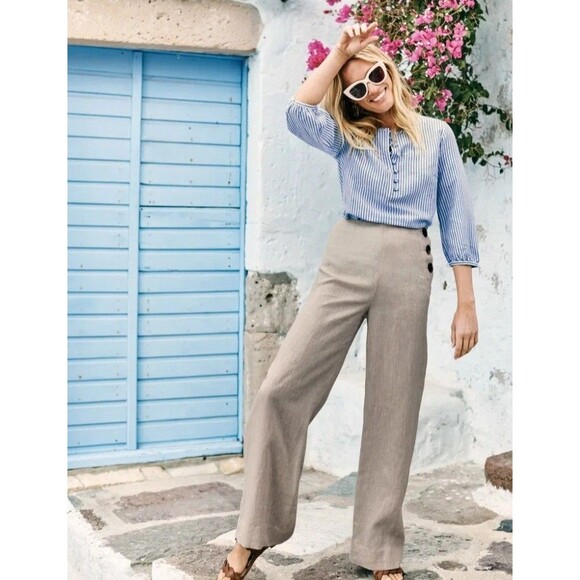 Boden Linen Wide Leg Pants Women's NWT Beige Lagenlook Vacation Sailor Size 10 - Picture 1 of 14